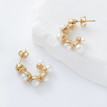 304 Stainless Steel Stud Earrings, C-Shaped, with Imitation Pearl, Golden, 24x19mm