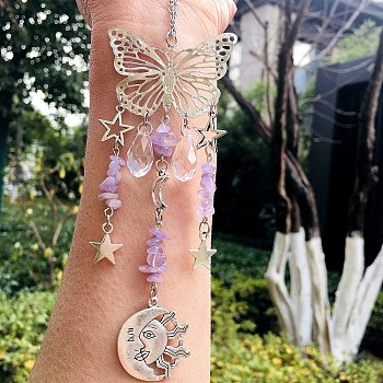 Teardrop Glass & Metal Butterfly Pendant Decorations, Hanging Suncatchers, with Natural Amethyst Chips, for Home Decoration, Moon/Star/Sun, 230mm