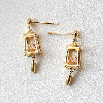 Enamel Lantern Dangle Stud Earrings, Brass Jewelry for Women, Golden, 27x7mm