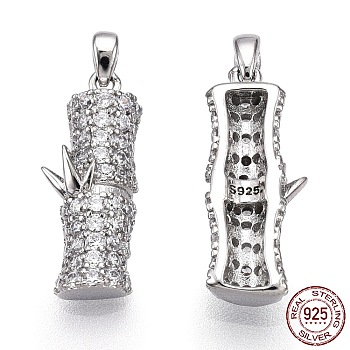 Rhodium Plated 925 Sterling Silver Micro Pave Cubic Zirconia Pendants, with S925 Stamp, Bamboo Charms, Nickel Free, Real Platinum Plated, 19x6.5x3.5mm, Hole: 1.4mm