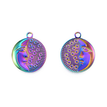 Ion Plating(IP) 201 Stainless Steel Pendants, Flat Round with Moon & Human Face, Rainbow Color, 24x20x2.5mm, Hole: 2mm