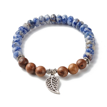 Reiki Natural Blue Spot Jasper & Wenge Wood Beads Stretch Bracelet, Leaf Alloy Charm Bracelet for Girl Women, Inner Diameter: 2-1/8 inch(5.3cm)