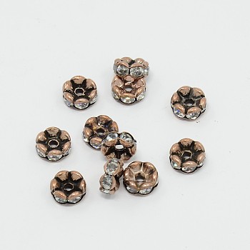 Brass Rhinestone Spacer Beads, Grade AAA, Wavy Edge, Nickel Free, Red Copper Metal Color, Rondelle, Crystal, 8x3.8mm, Hole: 1.5mm