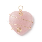 Natural Rose Quartz Copper Wire Wrapped Pendants, Heart Charms, Light Gold, 37.5~39x31~31.5x9~9.5mm, Hole: 4.5mm(PALLOY-JF02042-01)