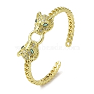 Brass Pave Clear & Green Cubic Zirconia Leopard Open Cuff Bangle for Women, Real 18K Gold Plated, Inner Diameter: 1-7/8x2-1/4 inch(4.7x5.7cm)(BJEW-K246-22A-G)