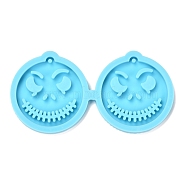 DIY Pendant Silicone Molds, Resin Casting Molds, Clay Craft Mold Tools, Halloween Flat Round with Face, Blue, 42x83.5x4mm, Hole: 2mm, Inner Diameter: 32x34.5mm(DIY-P030-11)