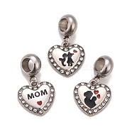 304 Stainless Steel Crystal Rhinestone European Dangle Charms, Large Hole Pendants, with Black & Dark Red Enamel, Heart with Mixed Patterns, Stainless Steel Color, 22.5mm, Hole: 4.5mm(STAS-F278-09P)