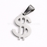 304 Stainless Steel Pendants, Dollar, Stainless Steel Color, 20x13x1.5mm, Hole: 8x3mm(STAS-I127-021P)