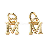 Brass Charms, with Jump Rings, Nickel Free, Textured, Letter.M, Real 18K Gold Plated, 7.5x6x1.5mm, Jump Ring: 5x1mm, 3mm inner diameter(KK-N233-252)