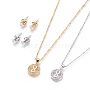 304 Stainless Steel Jewelry Sets, Brass Micro Pave Cubic Zirconia Pendant Necklaces and 304 Stainless Stud Earrings, with Plastic Ear Nuts/Earring Back, Flat Round with Infinity, Clear, Golden & Stainless Steel Color, 17.52inches(44.5cm); 1.5mm; 15x5.5mm; Pin: 0.7mm(SJEW-F214-09)