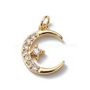 Brass Micro Pave Cubic Zirconia Pendants, Cadmium Free & Lead Free, Real 18K Gold Plated, Long-Lasting Plated, with Jump Ring, Crescent Moon with Star Charm, Clear, 16x13x3mm, Hole: 3mm(KK-E003-17G)