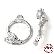 Rhodium Plated 925 Sterling Silver Toggle Clasps, Long-Lasting Plated, Flower with 925 Stamp, Real Platinum Plated, Ring: 14x12x1mm, Hole: 1.5mm, Flower: 17.5x4.5x5.5mm, Hole: 1.4mm(STER-D005-08P)