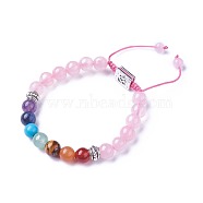 Chakra Jewelry, Natural & Synthetic Mixed Stone Braided Bead Bracelets, with Natural Rose Quartz, Alloy Findings and Nylon Cord, Rectangle with Om Symbol, 2 inch~3 inch(5.2~7.6cm)(BJEW-I273-I16)