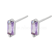 Cubic Zirconia Rectangle Stud Earrings, Silver 925 Sterling Silver Post Earrings, with 925 Stamp, Lilac, 7.8x3mm(FU7889-7)
