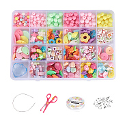 DIY Jewelry Making Kits For Children, Acrylic Beads, Lobster Claw Clasps, Crystal Thread, Jump Ring, Ear Nuts, Scissor, Bead Tips, Rabbit Pendant and Stainless Steel Hair Bands, Mixed Color, 19x13x2.2cm, about 520pcs/box(DIY-YW0001-25)