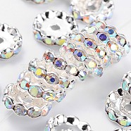 Grade A Brass Rhinestone Spacer Beads, Basketball Wives Spacer Beads for Jewelry Making, AB Color, Rondelle, Nickel Free, Clear AB, Silver Color Plated, about 12mm in diameter, 4mm thick, hole: 2.5mm(RSB160NF-02)