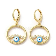 Evil Eye Real 18K Gold Plated Brass Dangle Leverback Earrings, with Enamel and Cubic Zirconia, Deep Sky Blue, 33.5x18.5mm(EJEW-Q797-09G-02)
