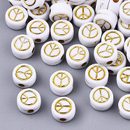 Opaque Acrylic Beads, Flat Round with Peace Sign, Golden Plated, White, 7x4mm, Hole: 1.6mm, about 3700pcs/500g(PACR-N006-003B)