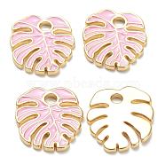 Brass Enamel Pendants, Real 18K Gold Plated, Long-Lasting Plated, Leaf, Pink, 18x16x1.5mm, Hole: 2.5mm(KK-A153-07G-B)