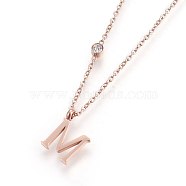 304 Stainless Steel Initial Pendant Necklaces, with Glass Rhinestone, Crystal, Rose Gold, Letter.M, 16.1~16.5 inch(41~42cm), Pendant: 11x5~8.5x1mm(NJEW-G321-04RG-M)