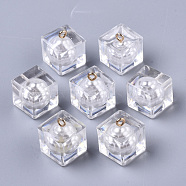 Transparent Epoxy Resin Pendants, with ABS Plastic Imitation Pearl Beads Inside and Golden Plated Iron Loop, Cube, Clear, 16x14x14mm, Hole: 2mm(X-CRES-N025-07B-01)