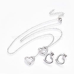 304 Stainless Steel Jewelry Sets, Lariat Necklaces and Stud Earrings, Heart, Stainless Steel Color, 18.3 inch(46.5cm), 1.5mm, 13.5x14mm, Pin: 0.7mm(SJEW-F204-06-P)