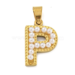 Ion Plating(IP) 304 Stainless Steel Pendants, with ABS Imitation Pearl, Letter P, 17x11.5x3.3mm, Hole: 6x3mm(STAS-U024-01P)