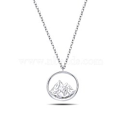 Rhodium Plated 925 Sterling Silver Pendant Necklaces, with Cable Chains, Riund Ring with Mountain, Platinum, 19.68 inch(50cm)(NJEW-BB48083-E)