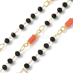 Brass Link Chains, with Glass Beads, Ion Plating(IP), Soldered, Real 18K Gold Plated, with Spool, Orange, 13.5x3mm, 10m/roll.(CHC-C009-01G-02)