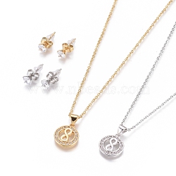 304 Stainless Steel Jewelry Sets, Brass Micro Pave Cubic Zirconia Pendant Necklaces and 304 Stainless Stud Earrings, with Plastic Ear Nuts/Earring Back, Flat Round with Infinity, Clear, Golden & Stainless Steel Color, 17.52 inch(44.5cm), 1.5mm, 15x5.5mm, Pin: 0.7mm(SJEW-F214-09)