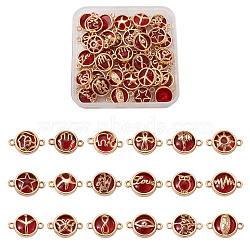 Glass Links Connectors, with Light Gold Plated Alloy Findings, Flat Round with Mixed Shapes, Dark Red, 13.5x19.5x5.5mm, Hole: 1.6mm, 36pcs/box(GLAA-TA0003-15A-LG)