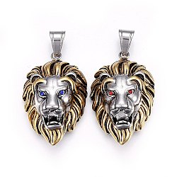 304 Stainless Steel Pendants, with Rhinestone, Lion Head, Antique Silver & Antique Golden, Mixed Color, 43x28x18mm, Hole: 10x7mm(STAS-O106-17)