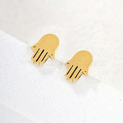 Fashionable Casual Cute Stainless Steel Hamsa Hand Women's Stud Earrings, Real 18K Gold Plated, 10x7mm(GZ8251)