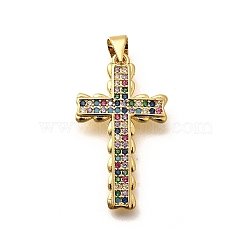 Rack Plating Brass Micro Pave Cubic Zirconia Pendants, Long-Lasting Plated, Lead Free & Cadmium Free, Cross Charms, Real 18K Gold Plated, 28.5x16.5x2mm, Hole: 5x3mm(KK-L226-005G-01)