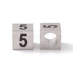 303 Stainless Steel European Beads, Large Hole Beads, Cube with Number, Stainless Steel Color, Num.5, 7x7x7mm, Hole: 5mm(STAS-G286-P05)