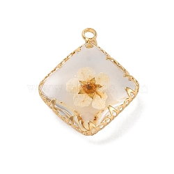 Brass Resin Pendants, with Dried Flower, Real 14K Plated, Long-Lasting Plated, Rhombus, Lemon Chiffon, 22x19x7.5mm, Hole: 1.8mm(KK-U042-16G-01)