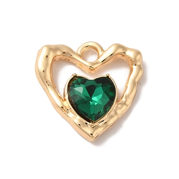 Rack Plating Alloy Pandants, with Glass, Nickel Free, Heart Charms, Golden, Dark Green, 19x19x5mm, Hole: 2.3mm