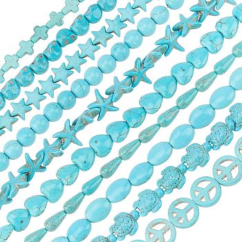 Olycraft 10 Strands 10 Style Synthetic Turquoise Beads Strands, Dyed, Starfish & Round & Teardrop & Tortoise & Star & Cross & Peace Sign & Oval & Heart & Skull, Turquoise, 1strand/style