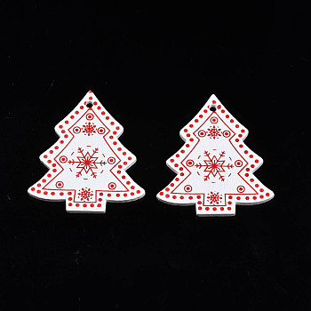 Christmas Theme Spray Painted Wood Pendants, Single-Sided Printed, Christmas Tree with Snowflake, White, 50x43x2.5mm, Hole: 2mm