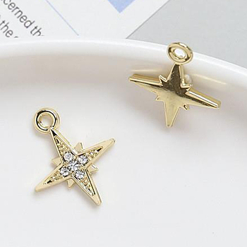 Brass Micro Pace Clear Cubic Zirconia Pendants, Star, Light Gold, 14x17mm