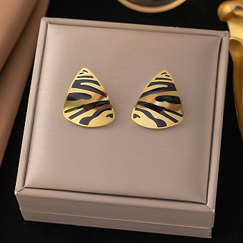 304 Stainless Steel Stud Earrings, Teardrop with Zebra-stripe, Left and Right, Real 18K Gold Plated, 27x24mm