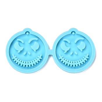 DIY Pendant Silicone Molds, Resin Casting Molds, Clay Craft Mold Tools, Halloween Flat Round with Face, Blue, 42x83.5x4mm, Hole: 2mm, Inner Diameter: 32x34.5mm