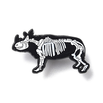 Black Zinc Alloy Brooches, Enamel Pins, for Backpack Cloth, White Animal Skeleton, Rhinoceros, 18x31x1mm