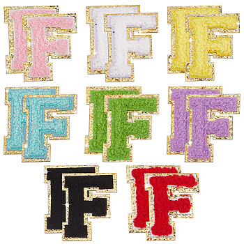 PandaHall Elite 16Pcs 8 Colors Computerized Towel Embroidery Cloth Self Adhesive Patches, Chenille Appliques, Letter F, 54.5x43x4mm, 2pcs/color