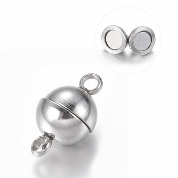 304 Stainless Steel Magnetic Clasps with Loops, Round, Stainless Steel Color, 11.5x6mm, Hole: 1.6mm