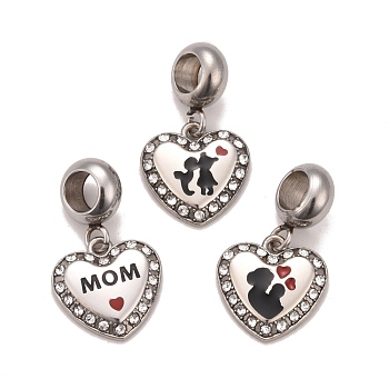304 Stainless Steel Crystal Rhinestone European Dangle Charms, Large Hole Pendants, with Black & Dark Red Enamel, Heart with Mixed Patterns, Stainless Steel Color, 22.5mm, Hole: 4.5mm