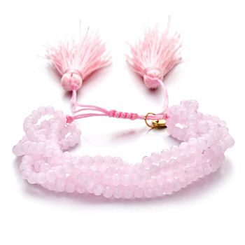 Faceted Glass Braided Bead Bracelets, Adjustable Tassel Woven Multi-strand Bracelets for Women, Pink