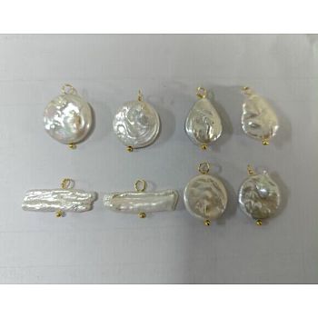 8Pcs 4 Styles Baroque Natural Keshi Pearl Pendants, Flat Round & Teardrop & Rectangle Charms, with Golden Tone Metal Loops, Seashell Color, 13~29mm, Hole: 2.5~3mm, 2pcs/style