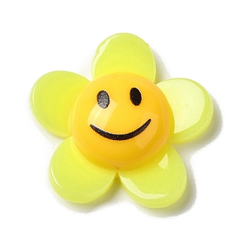 Acrylic Cabochons, Flower with Smiling Face, Yellow, 24.5x25.5x8.5mm