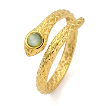 Golden 304 Stainless Steel Open Cuff Rings, with Resin, Jewely for Women, Snake, Dark Sea Green, Inner Diameter: 17.5mm